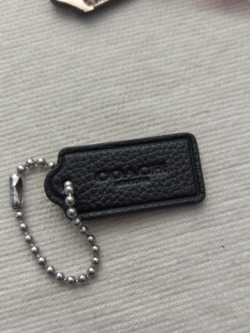 Coach 1.75" Black Pebbled Leather Tag with Silver Chain